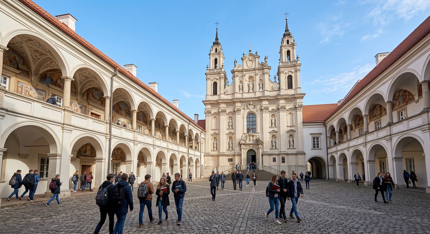 Vilnius University Grand Courtyard with Church of St. Johns, Baroque architecture, arched galleries with frescoes, cobblestone ground, students walking, clear sky