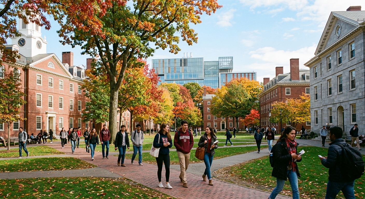 Harvard University campus in Cambridge Massachusetts, red brick buildings with white trim, students walking through Harvard Yard with green trees, Science and Engineering Complex visible in background, bright autumn day