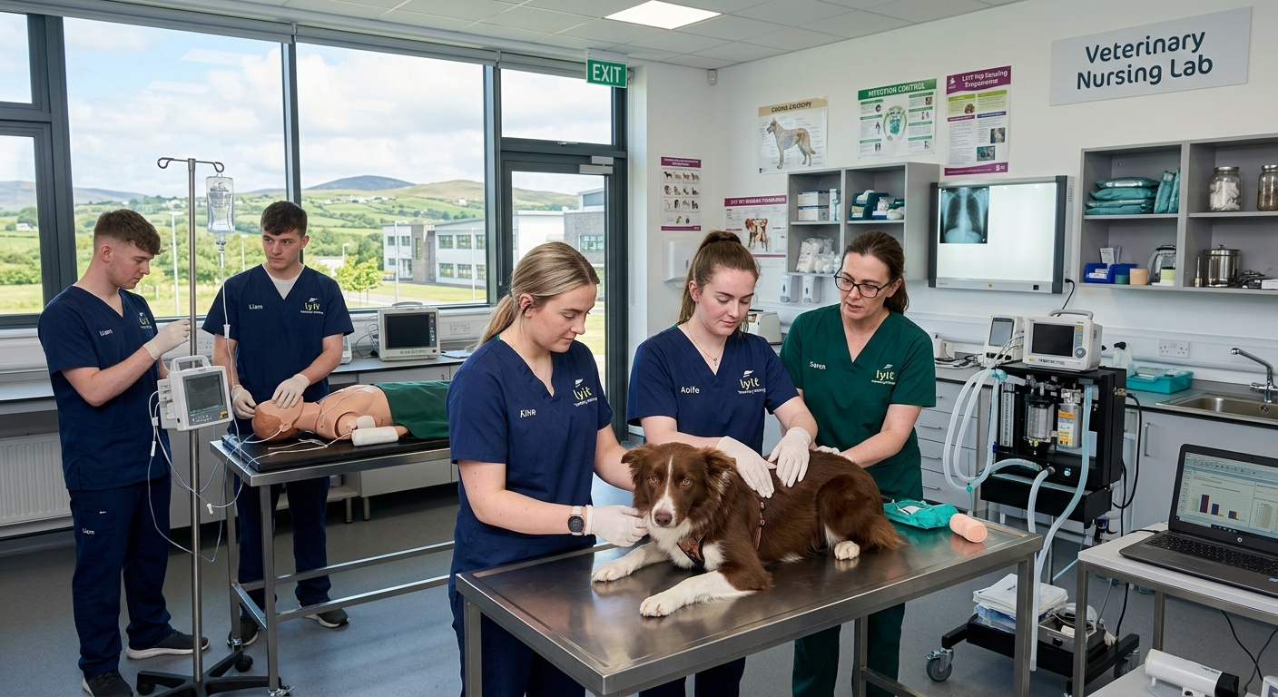 Modern veterinary nursing laboratory at Letterkenny Institute of Technology campus in County Donegal Ireland, students in scrubs practicing animal care techniques with veterinary equipment, bright clinical setting with natural light