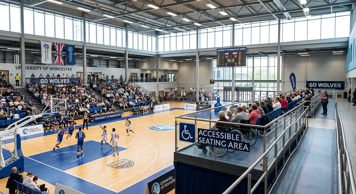 University of Worcester Arena, modern indoor sports venue with large open space, wheelchair-accessible design, bright interior lighting, basketball court visible