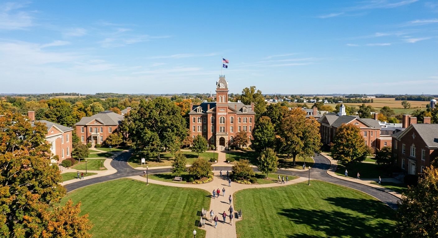 Eureka College campus wide shot showing historic red brick buildings, tree-lined walkways, green lawns, and the Burrus Dickinson Hall administration building under a clear blue sky in rural central Illinois