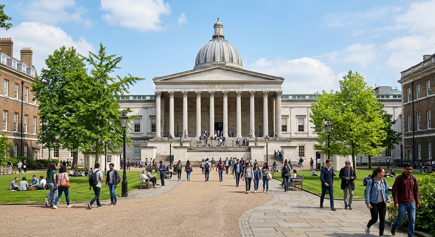 UCL University College London campus in Bloomsbury, London, with the iconic portico and dome of the main building, students walking through the quad on a sunny day, green trees and historic architecture