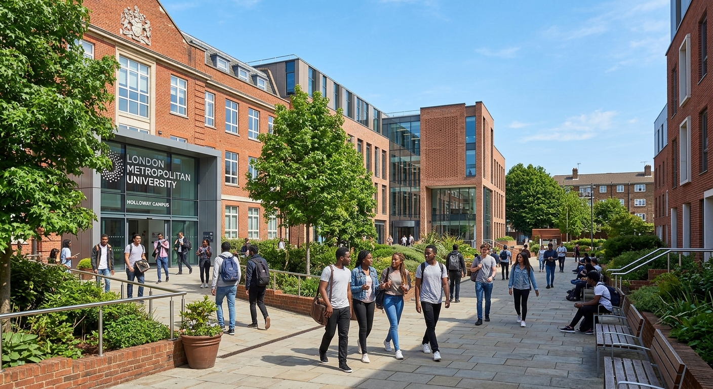 London Metropolitan University Holloway campus building exterior with students walking through modern courtyard, red brick architecture, green trees, clear sky over North London
