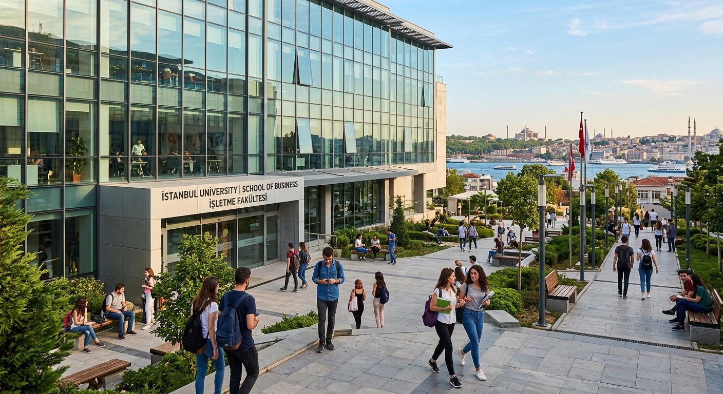 Modern university campus building in Istanbul Turkey with glass facade, students walking through courtyard, business school signage, city skyline visible in background, warm Mediterranean sunlight