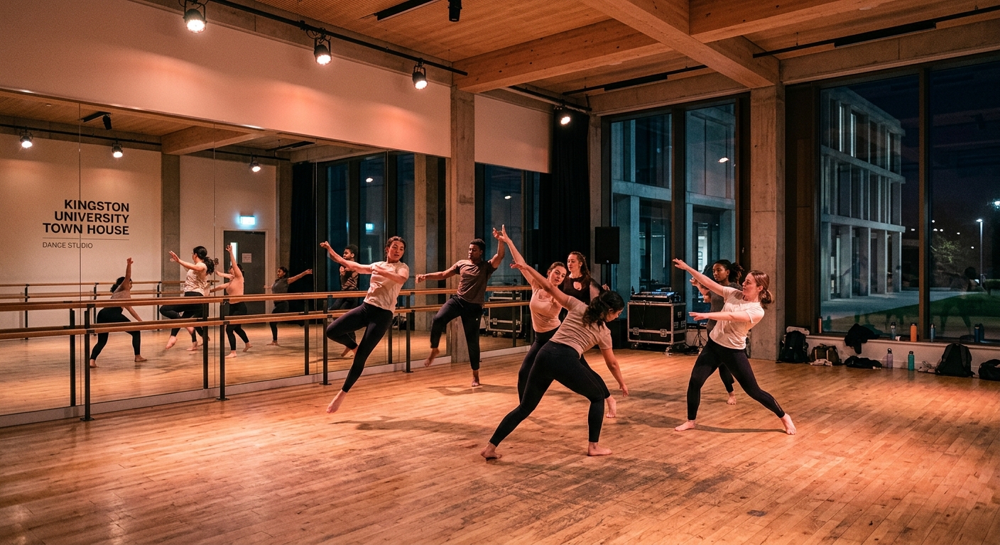 Modern dance studio with sprung wooden floor, mirrors and barres, students rehearsing contemporary dance choreography under warm stage lighting at Kingston University Town House building