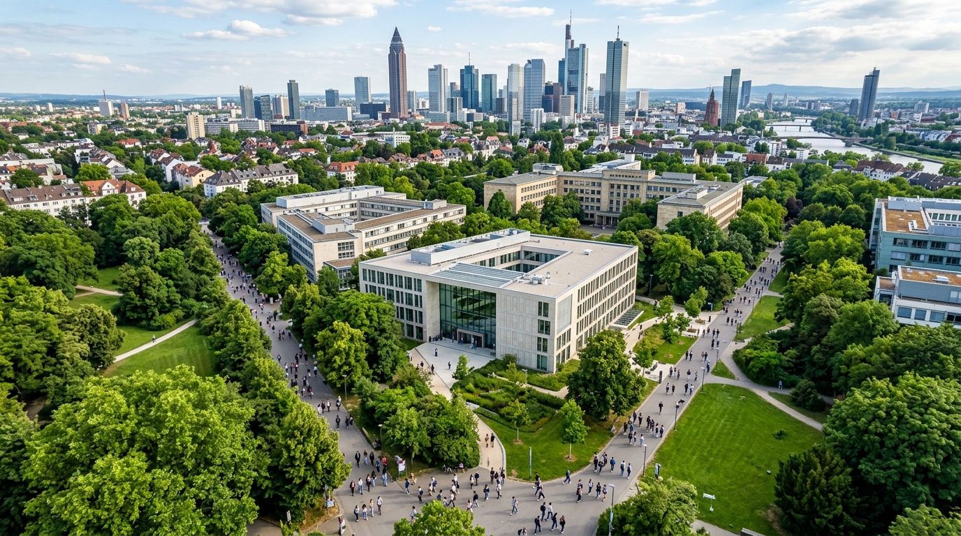 Aerial view of Goethe University Frankfurt Westend campus with its modern Social Sciences building surrounded by green parkland, Frankfurt skyline with skyscrapers visible in the background, students walking along tree-lined pathways