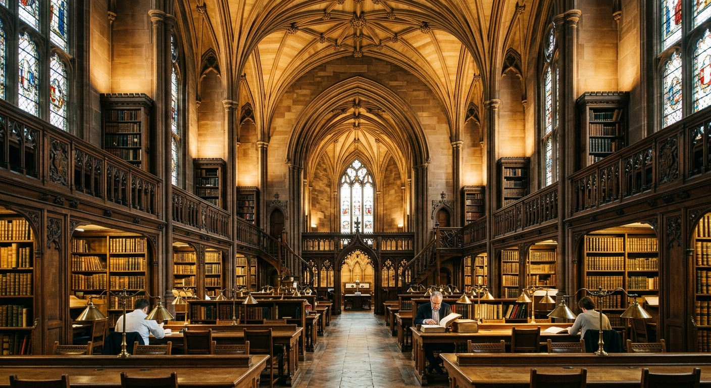 John Rylands Research Institute and Library interior, dramatic neo-Gothic reading room with vaulted ceilings, wooden bookshelves, warm lighting, historic atmosphere