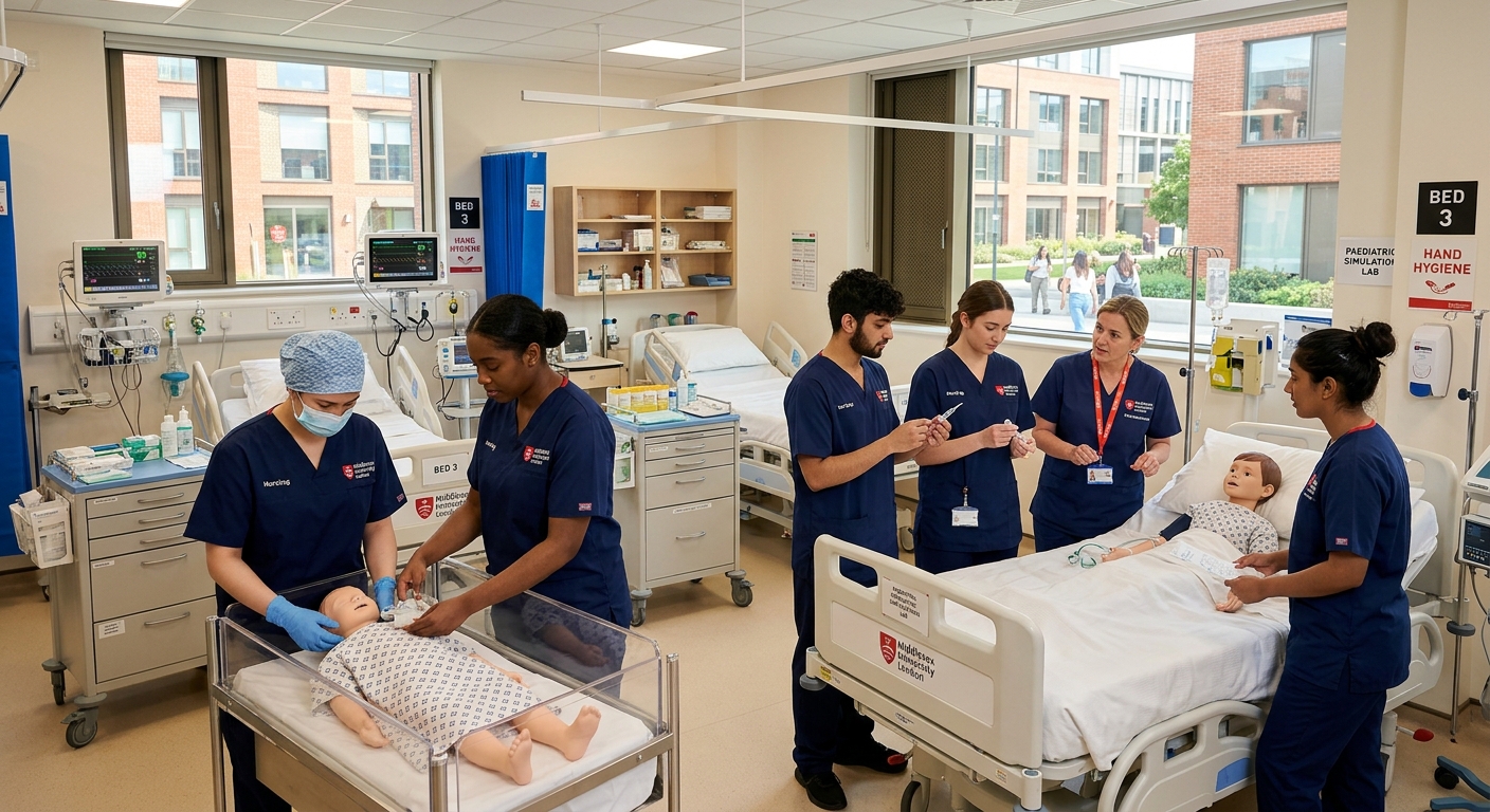 Middlesex University London campus with modern nursing simulation laboratories, students in clinical scrubs practicing paediatric care on child mannequins, bright and professional healthcare education environment