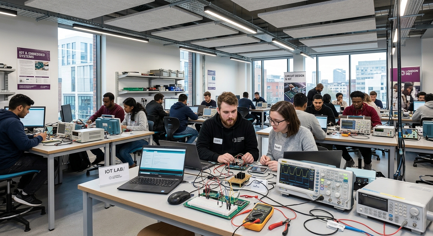 Modern electronics laboratory at London Metropolitan University with students working on IoT circuit boards, oscilloscopes and embedded systems equipment, bright LED lighting in a contemporary university setting in North London