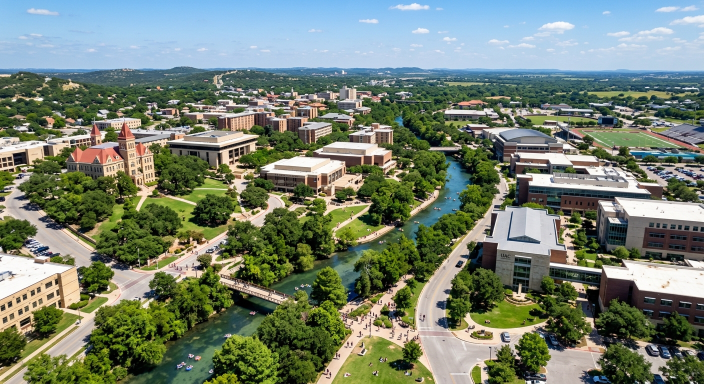 Aerial view of Texas State University campus in San Marcos with the San Marcos River flowing through lush green grounds, modern academic buildings, and students walking along tree-lined pathways under a bright Texas sky