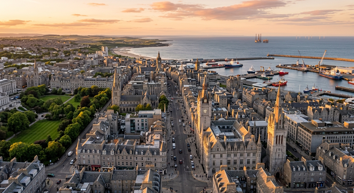 Aberdeen city skyline with distinctive grey granite architecture, harbour and North Sea coastline in background, green parks, Union Street visible, golden hour light on stone buildings