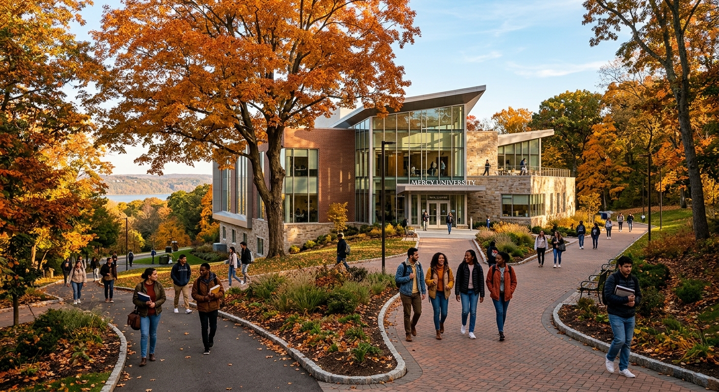 Mercy University campus in Dobbs Ferry New York, modern education building surrounded by trees, students walking on pathways, warm sunlight filtering through autumn foliage, welcoming academic atmosphere