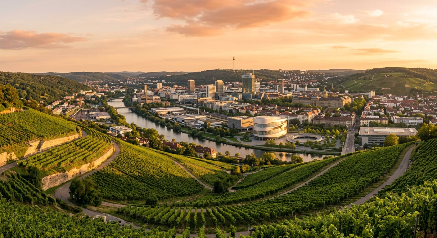 Stuttgart city panoramic view, green vineyards on hillsides, modern skyline with Mercedes-Benz museum visible, Neckar river valley, warm golden hour light