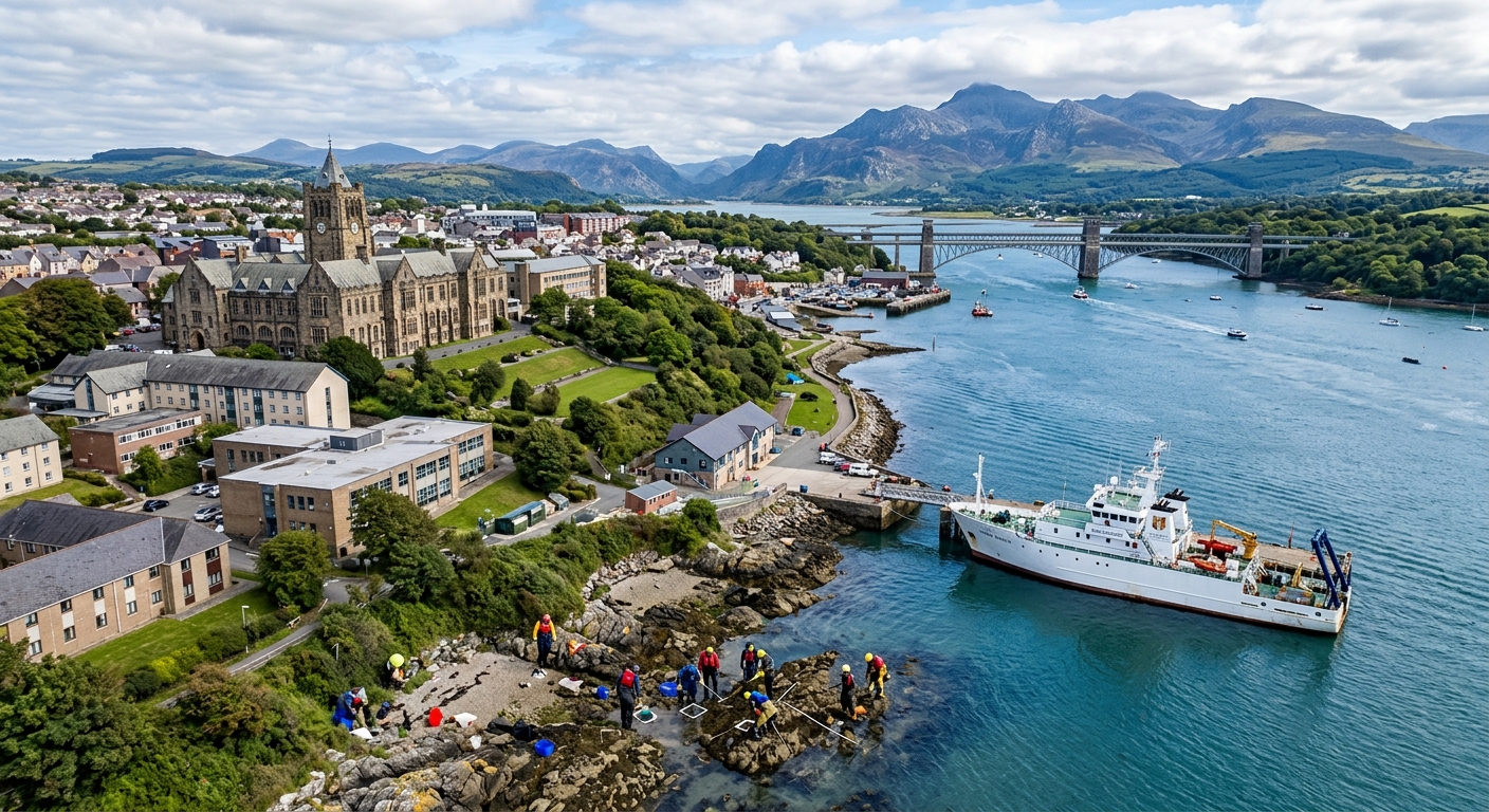 Aerial view of Bangor University campus on the North Wales coast with the Menai Strait and Snowdonia mountains in the background, research vessel at dock, students conducting marine fieldwork on rocky shoreline