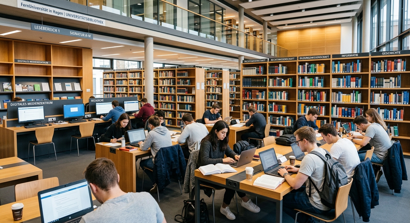 FernUniversität Hagen university library interior, bookshelves with printed volumes, digital media stations, students studying at desks, bright modern lighting