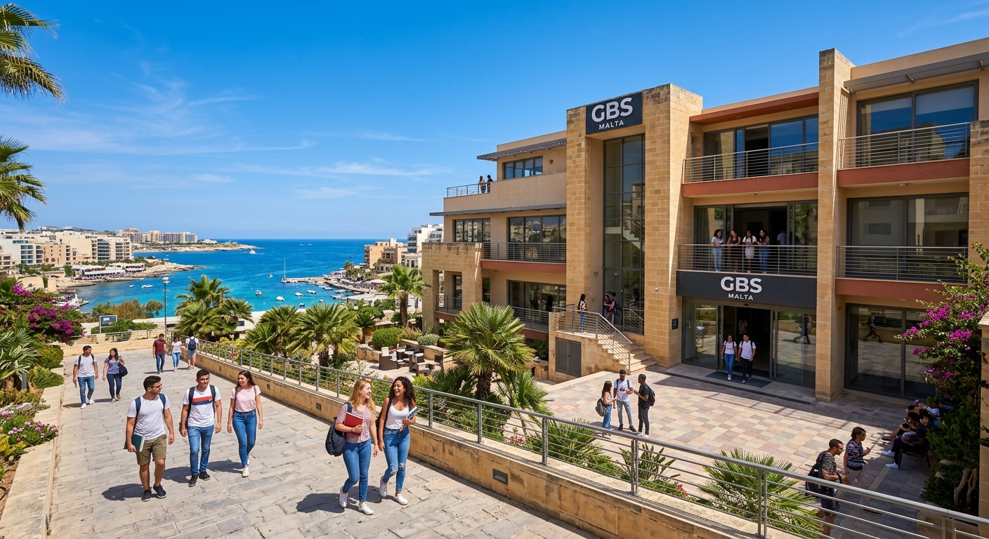 Modern GBS Malta campus building in St. Julian's with Mediterranean architecture, students walking outside under clear blue sky, palm trees and coastal views in the background