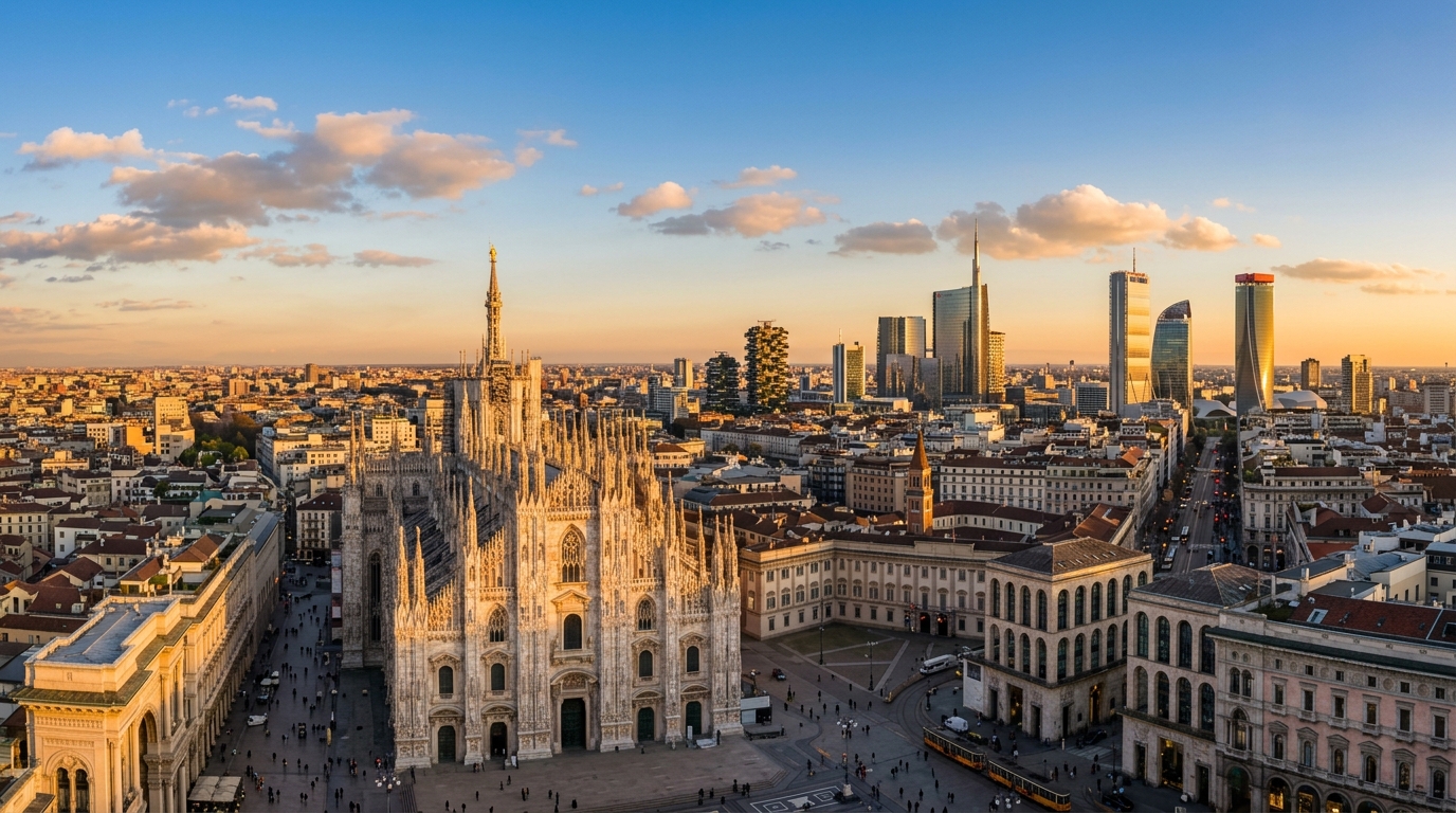 Milan Italy cityscape panorama, Duomo cathedral in foreground, modern skyscrapers in background, blue sky with scattered clouds, vibrant urban atmosphere, golden hour lighting