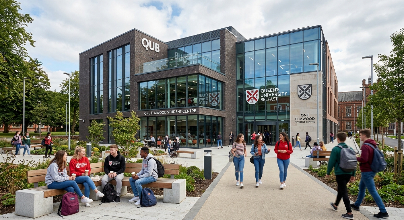One Elmwood student centre at Queen's University Belfast, modern building exterior with glass facade, students socialising outside, landscaped courtyard area