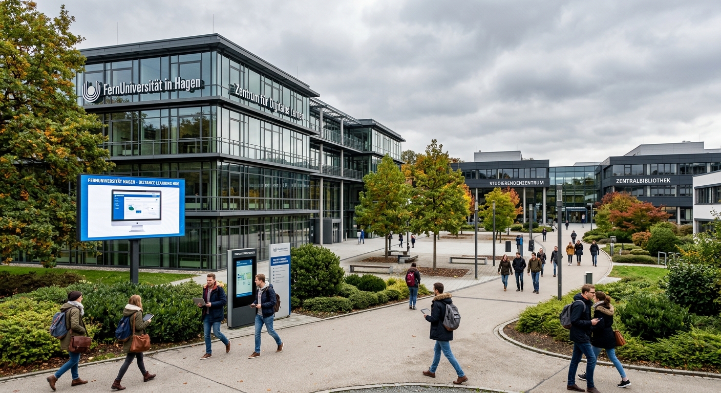 Modern distance learning university campus in Hagen Germany, contemporary architecture with glass facades, green landscaped grounds, students walking along pathways, overcast European sky, digital learning atmosphere