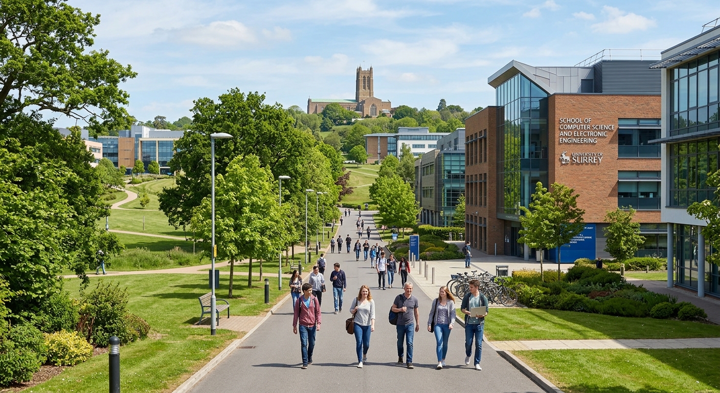 University of Surrey Stag Hill campus in Guildford, modern academic buildings surrounded by green parkland, students walking along tree-lined paths, School of Computer Science and Electronic Engineering building visible