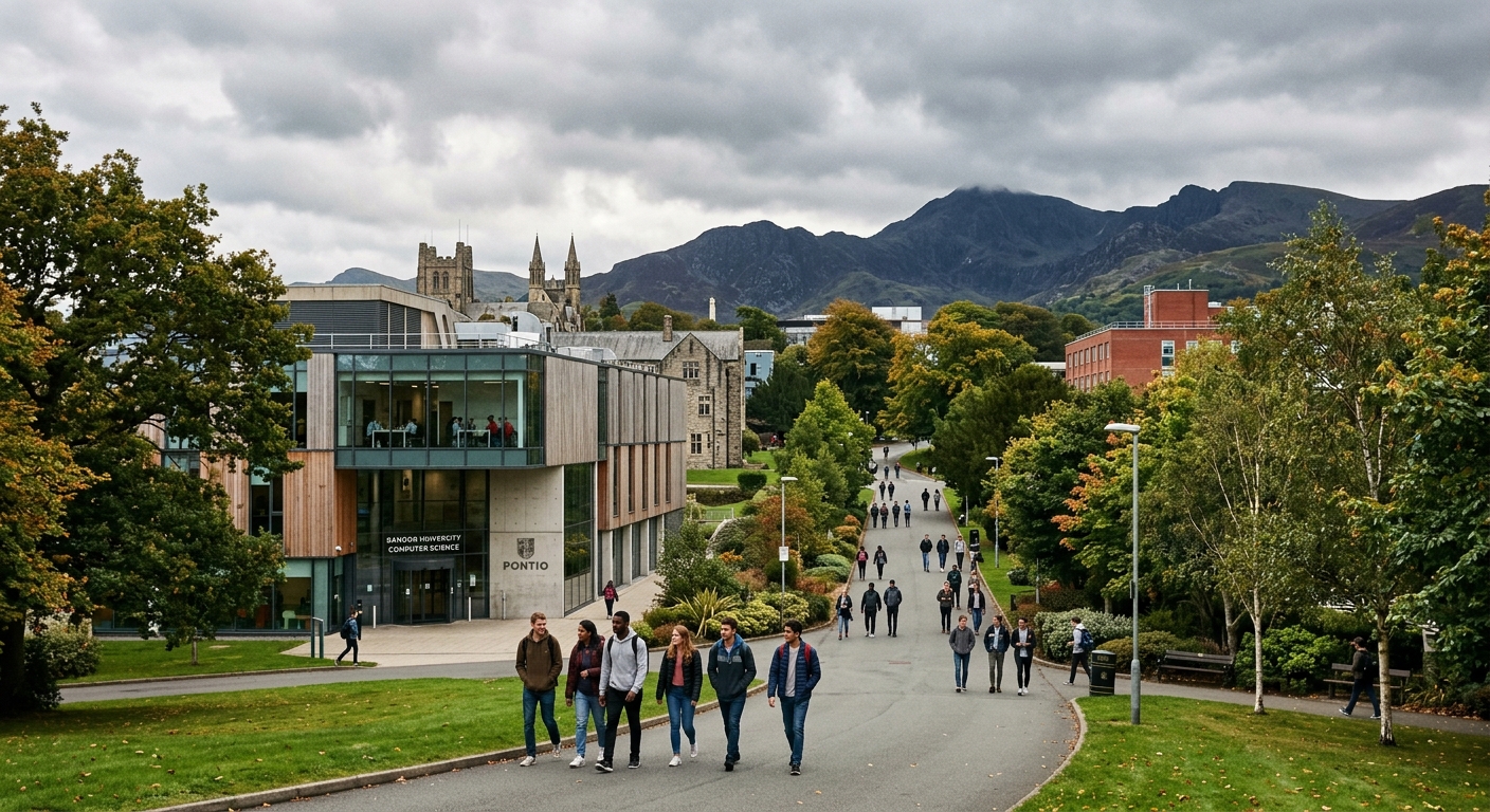Bangor University campus in Gwynedd, North Wales, with modern computer science building, mountains of Snowdonia visible in the background, students walking along tree-lined paths under overcast sky
