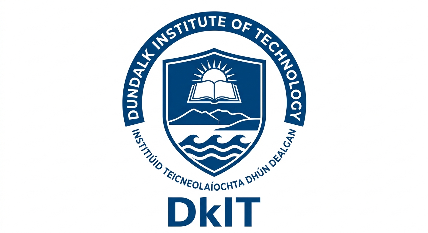 Dundalk Institute of Technology DkIT official logo, blue and white color scheme, shield emblem with institutional text
