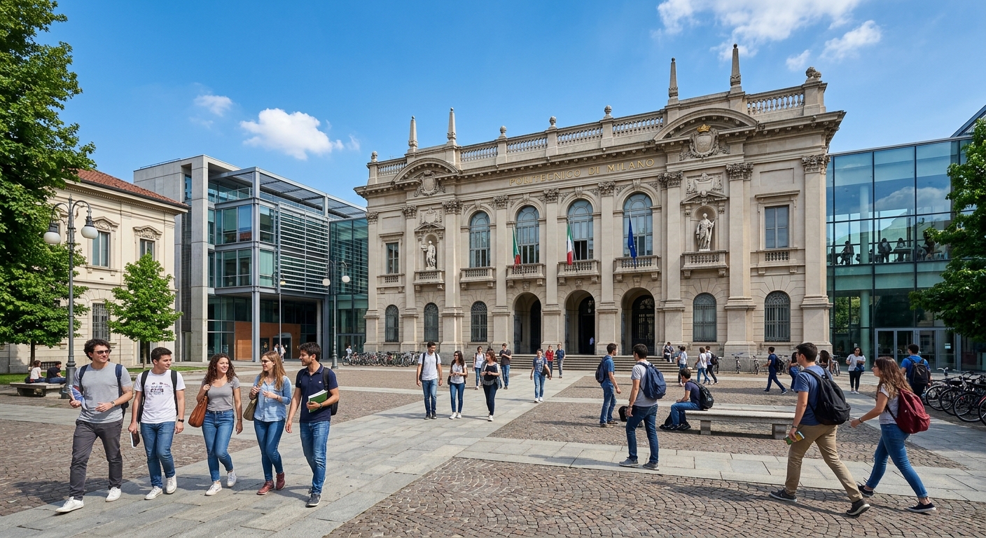 Politecnico di Milano Leonardo campus main building with classical architecture and modern engineering facilities, students walking through the courtyard in Milan, Italy, bright daylight with blue sky