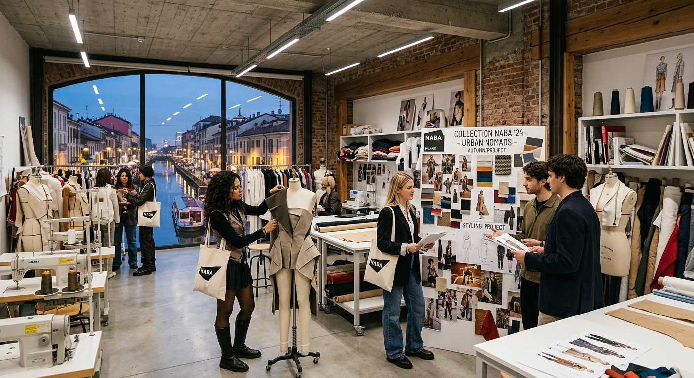 Stylish fashion studio at NABA Milan campus with mood boards, fabric swatches, and mannequins, students collaborating on styling projects under modern industrial lighting with large windows overlooking the Navigli district
