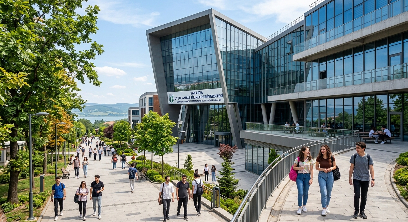 Modern academic building at Sakarya University of Applied Sciences Esentepe campus, contemporary architecture with glass facades, students walking along tree-lined pathways