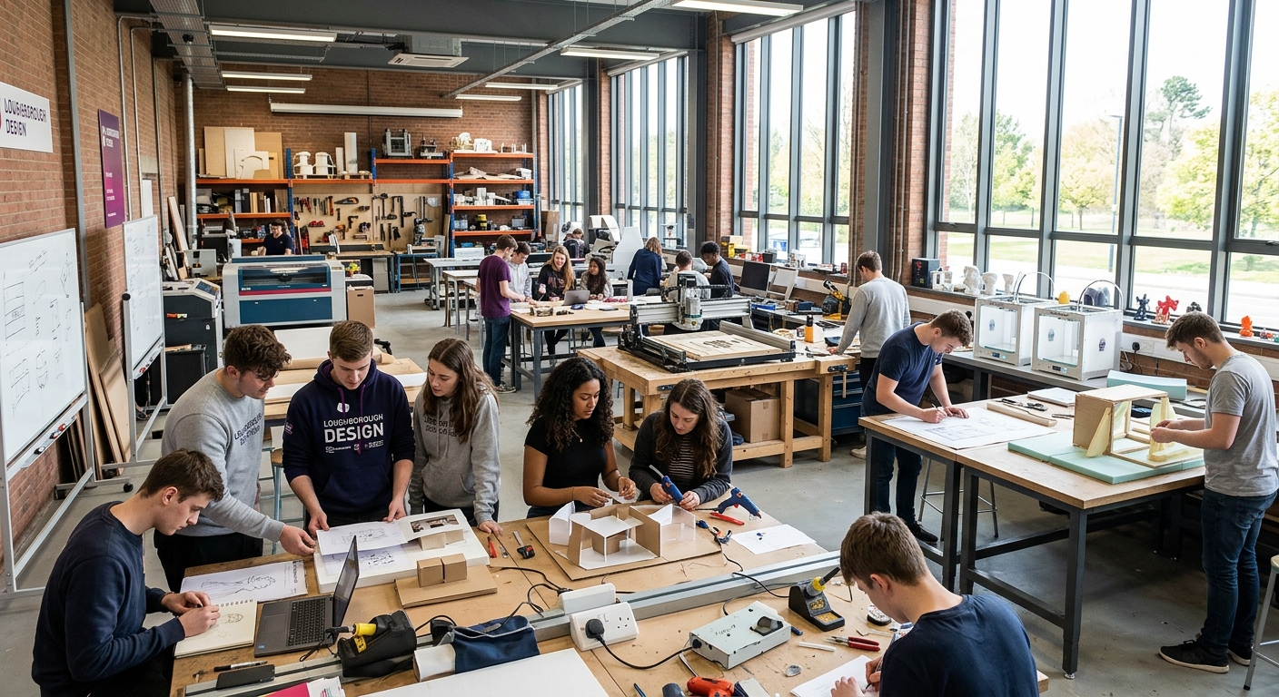 Loughborough University Design School studio space with students working on creative projects, large open workshop with prototyping equipment, natural light flooding through tall windows, collaborative design environment