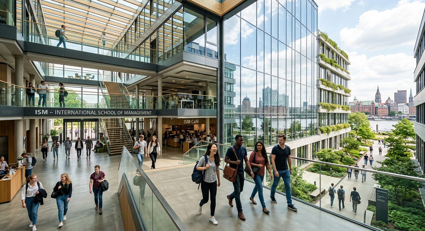 Modern ISM campus building in Germany with international students walking through a bright atrium, glass facades reflecting a European city skyline, contemporary architecture with green landscaping