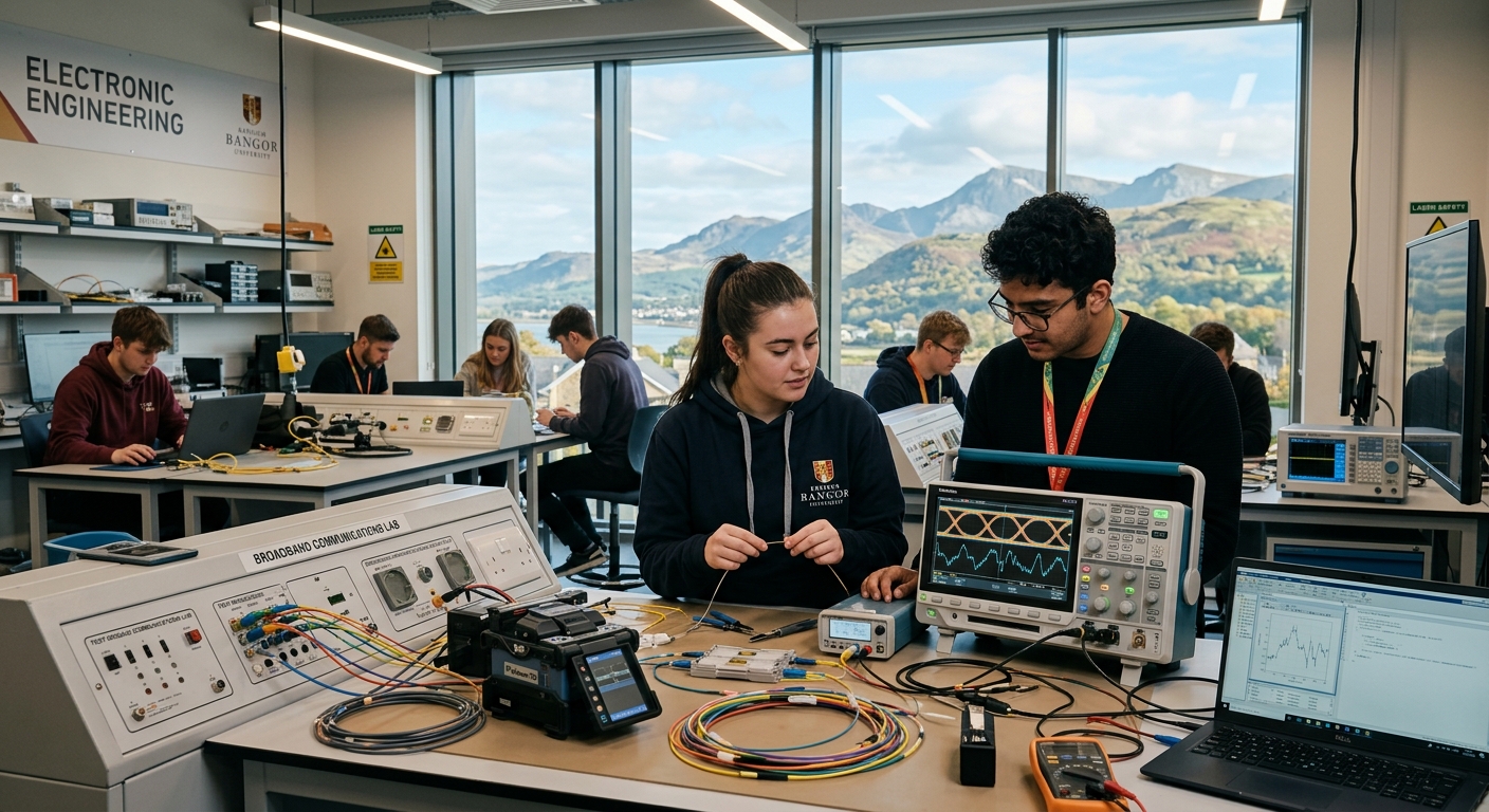 Modern electronic engineering laboratory at Bangor University with optical fibre equipment, oscilloscopes, and students working on broadband communication experiments, North Wales campus with mountains visible through windows