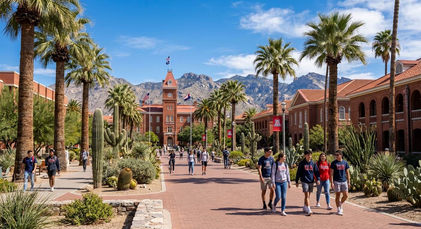 University of Arizona campus in Tucson with red brick buildings, desert landscaping, palm trees, and students walking along pathways under clear blue skies with mountain ranges visible in the background