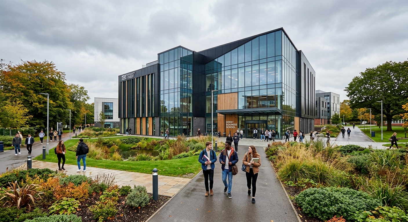 University of Derby campus in Derby, England with modern business school building, green sustainable landscaping, students walking on pathways, overcast British sky, contemporary architecture with glass facades