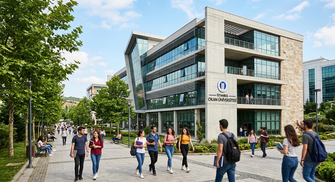 Istanbul Okan University main academic building, modern glass and concrete architecture, students walking on tree-lined pathways, bright daylight