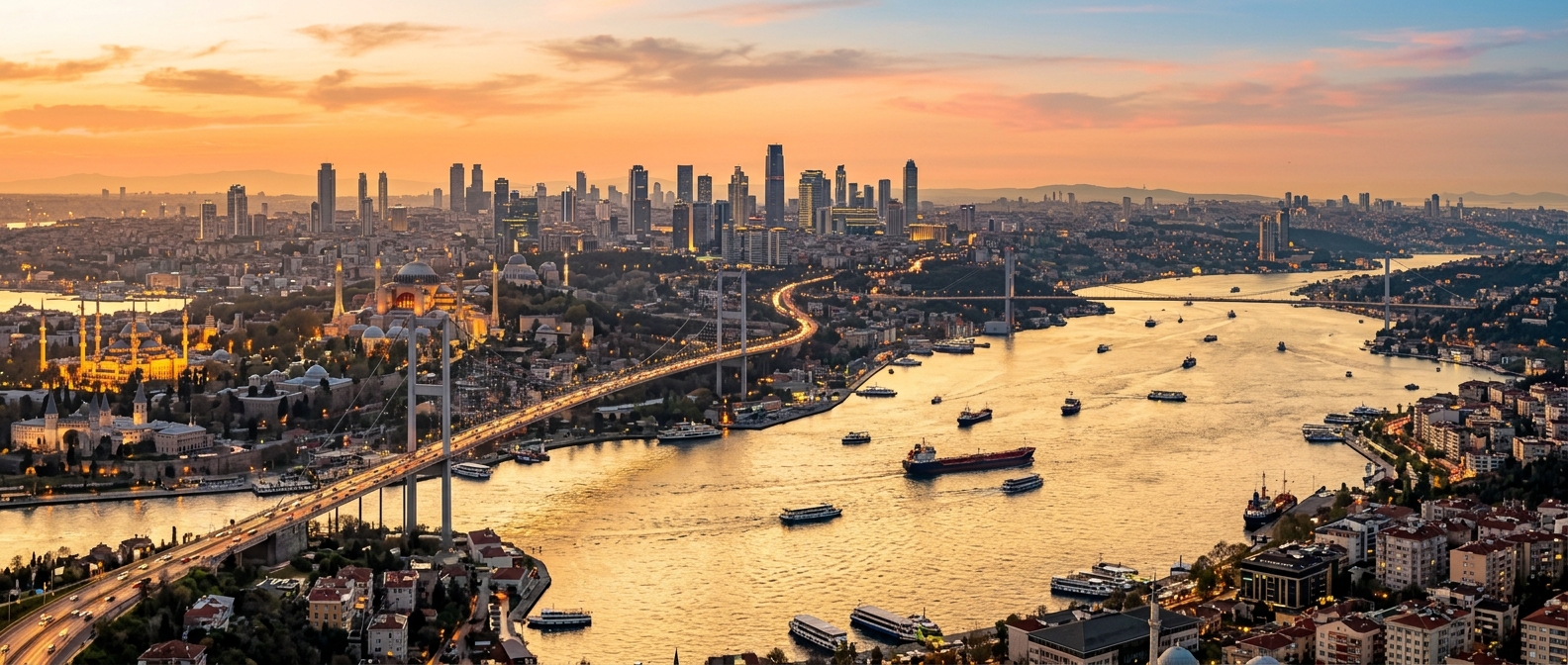 Panoramic view of Istanbul skyline showing the Bosphorus strait, historic mosques, modern skyscrapers, and bridges connecting Europe and Asia at golden hour
