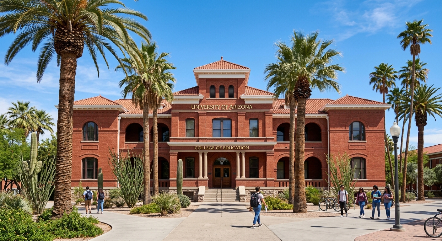 University of Arizona College of Education building with red brick architecture, palm trees, and clear blue desert sky in Tucson, Arizona campus setting