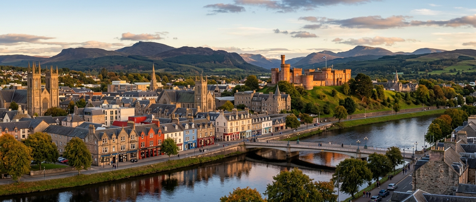 Panoramic view of Inverness city centre with Inverness Castle overlooking the River Ness, colourful buildings along the riverbank, green hills and dramatic Highland scenery in the distance, soft golden light