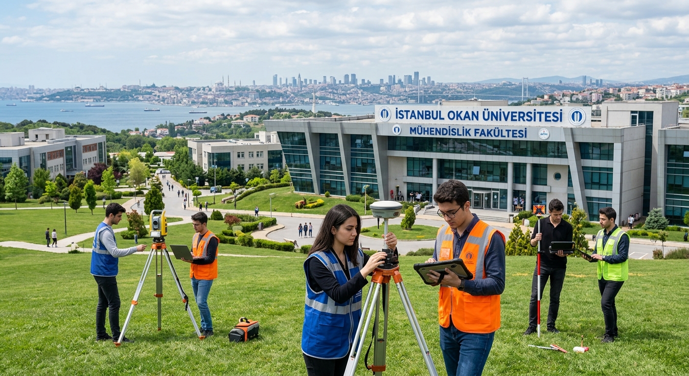 Modern Istanbul Okan University Tuzla campus with engineering faculty building, surveying equipment on green campus grounds, students working with GPS and mapping instruments, Istanbul skyline in the background