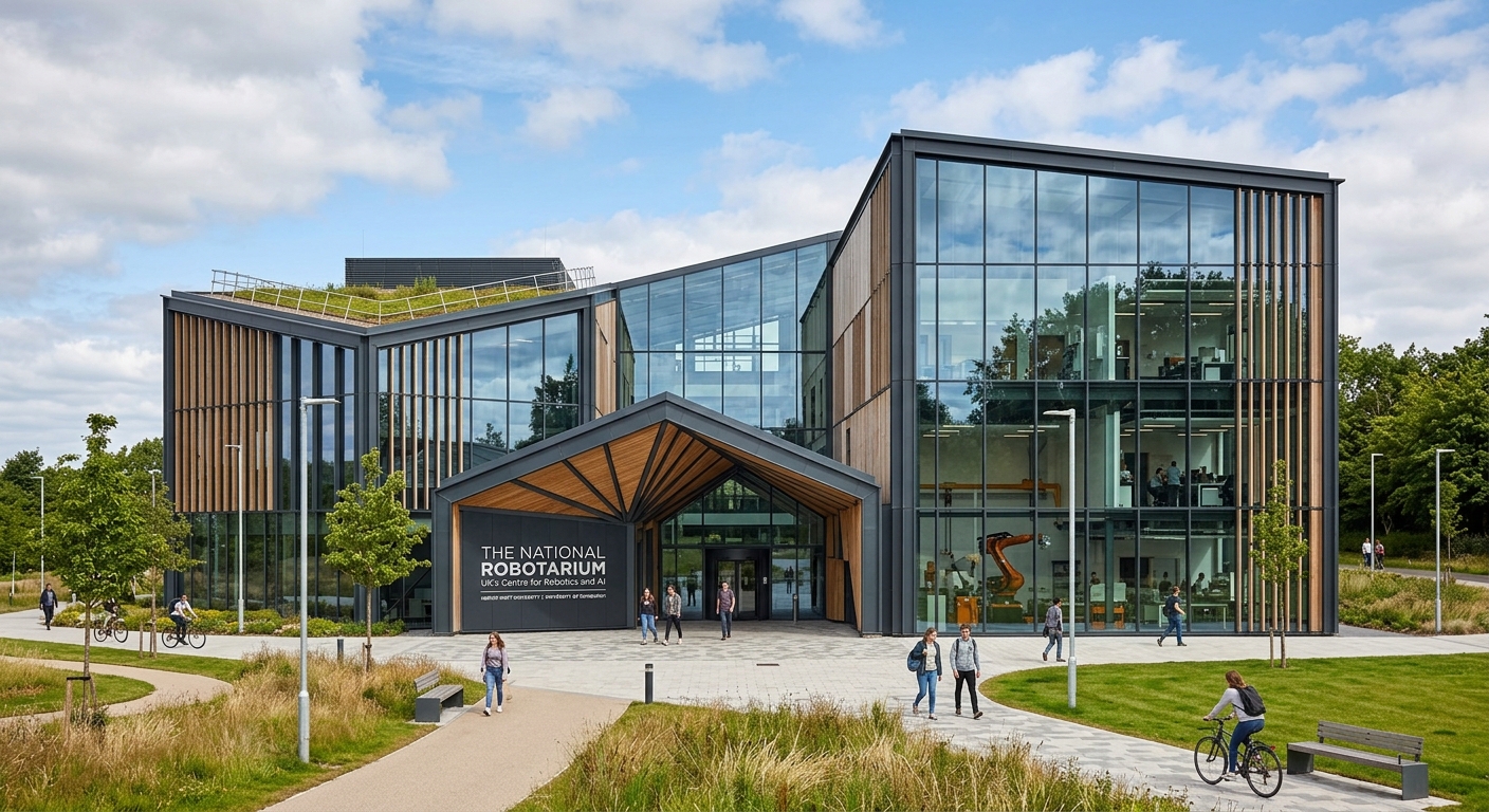 National Robotarium building at Heriot-Watt University, contemporary glass and steel research facility, robotics and AI innovation centre