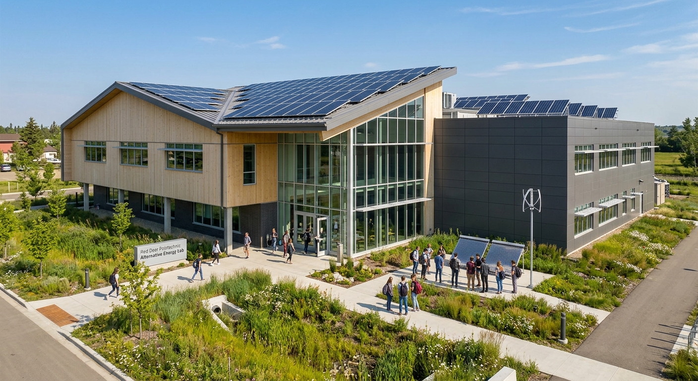 Red Deer Polytechnic Alternative Energy Lab exterior, solar panels on roof, modern sustainable building design, green landscaping
