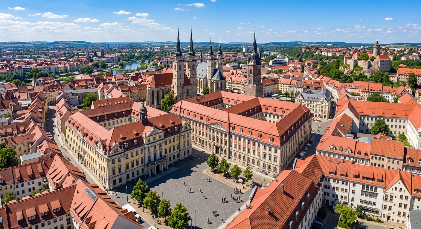 Aerial view of Martin Luther University Halle-Wittenberg campus with historic Universitätsplatz square, baroque architecture, red-roofed buildings, and the towers of Halle (Saale) skyline under clear blue sky