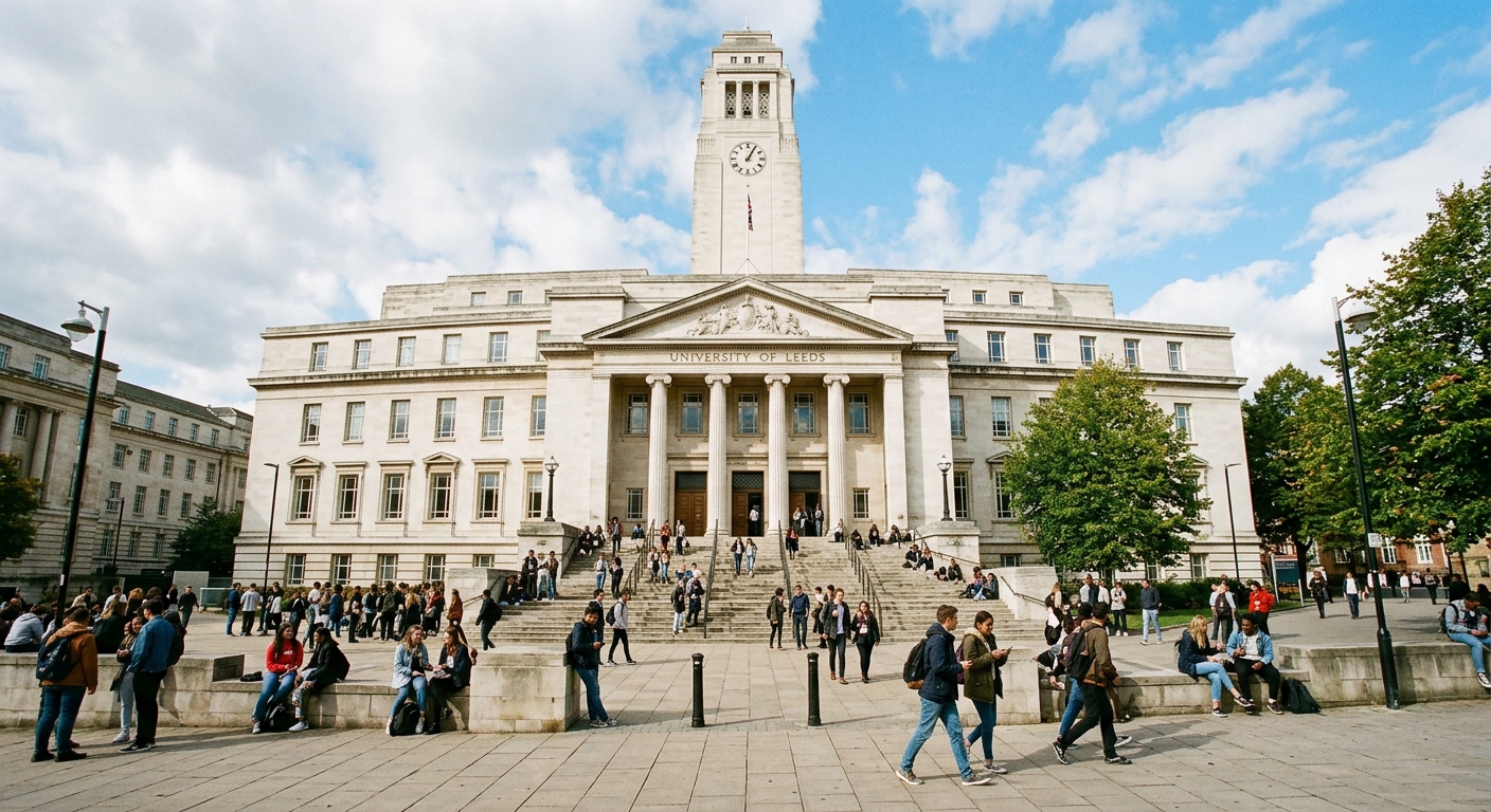 The iconic Parkinson Building at the University of Leeds, a grand neoclassical structure with a tall white Portland stone tower, wide steps leading to the entrance, and students gathered on the forecourt