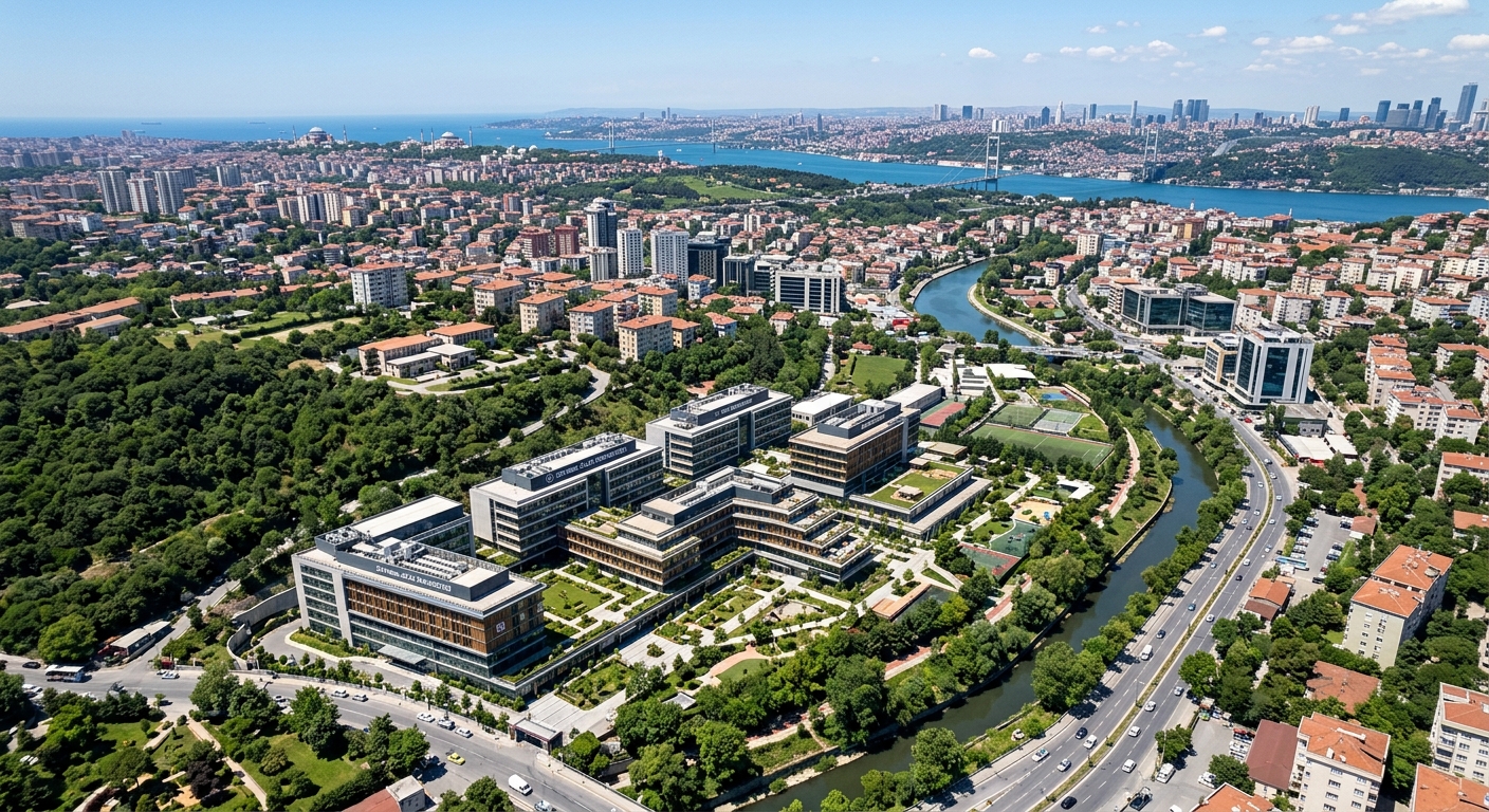 Istanbul Atlas University Vadi Campus wide-angle aerial view, modern multi-story university buildings surrounded by green spaces in Kağıthane district, Istanbul skyline and Bosphorus visible in the background, clear blue sky