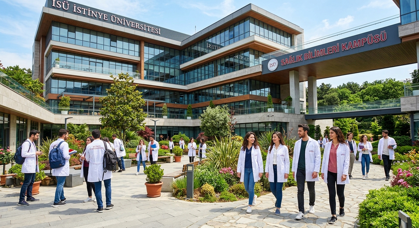Modern health sciences campus building at Istinye University in Istanbul, Turkey, with students in clinical white coats walking through a sunlit courtyard, greenery and contemporary architecture in the background