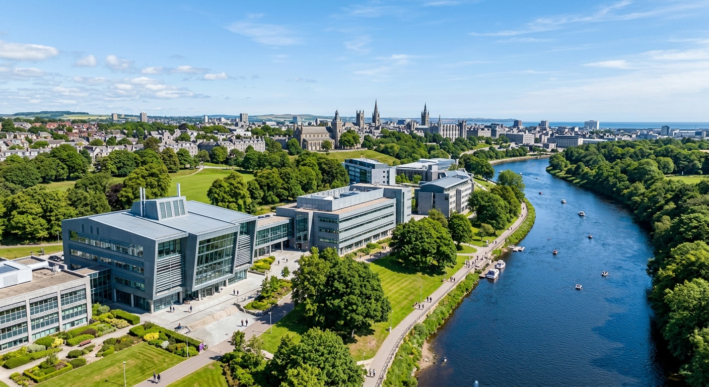 Robert Gordon University Garthdee campus wide shot showing modern glass and steel buildings alongside the River Dee, green parkland, mature trees, and Aberdeen skyline in the background under a clear Scottish sky