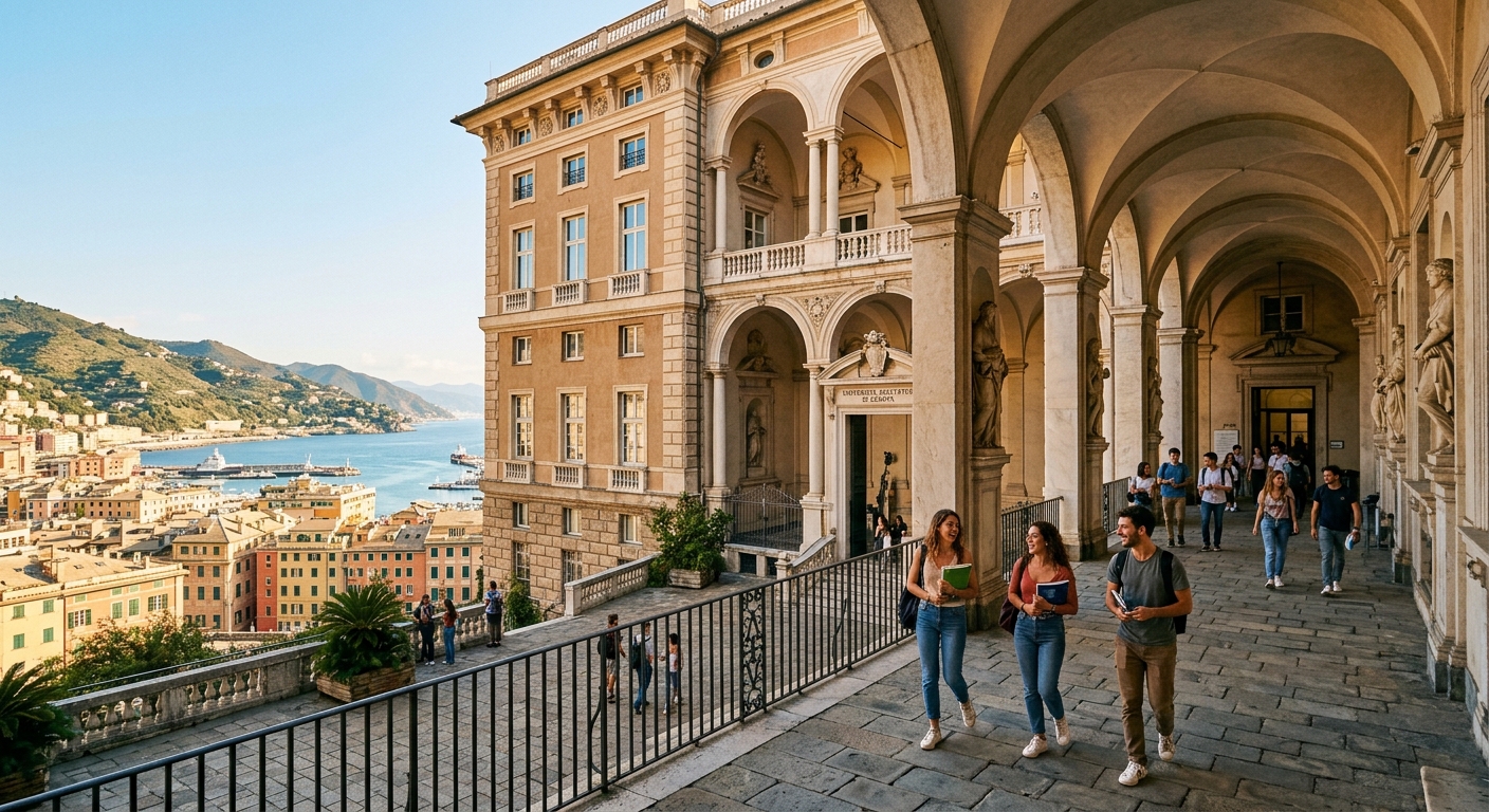 Historic University of Genoa campus building with classical Italian architecture, students walking through arched corridors, Mediterranean coastal city backdrop with Ligurian hills, warm sunlight