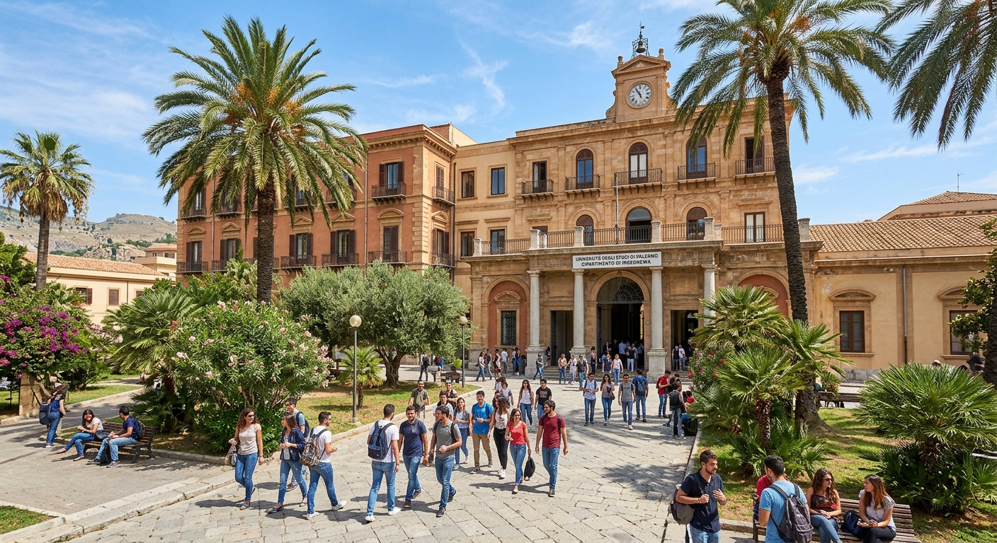 University of Palermo engineering campus building with Mediterranean architecture, students walking near the Department of Engineering, palm trees and blue sky in Palermo, Sicily, Italy