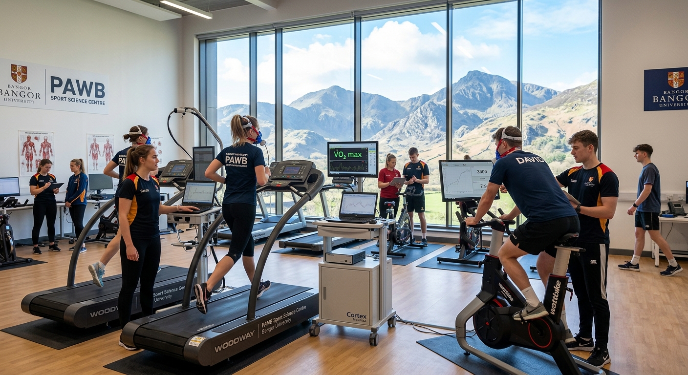 Bangor University PAWB Sport Science Centre with modern exercise physiology laboratory, students conducting fitness testing on treadmills and cycle ergometers, mountains of Snowdonia visible through large windows, bright natural lighting