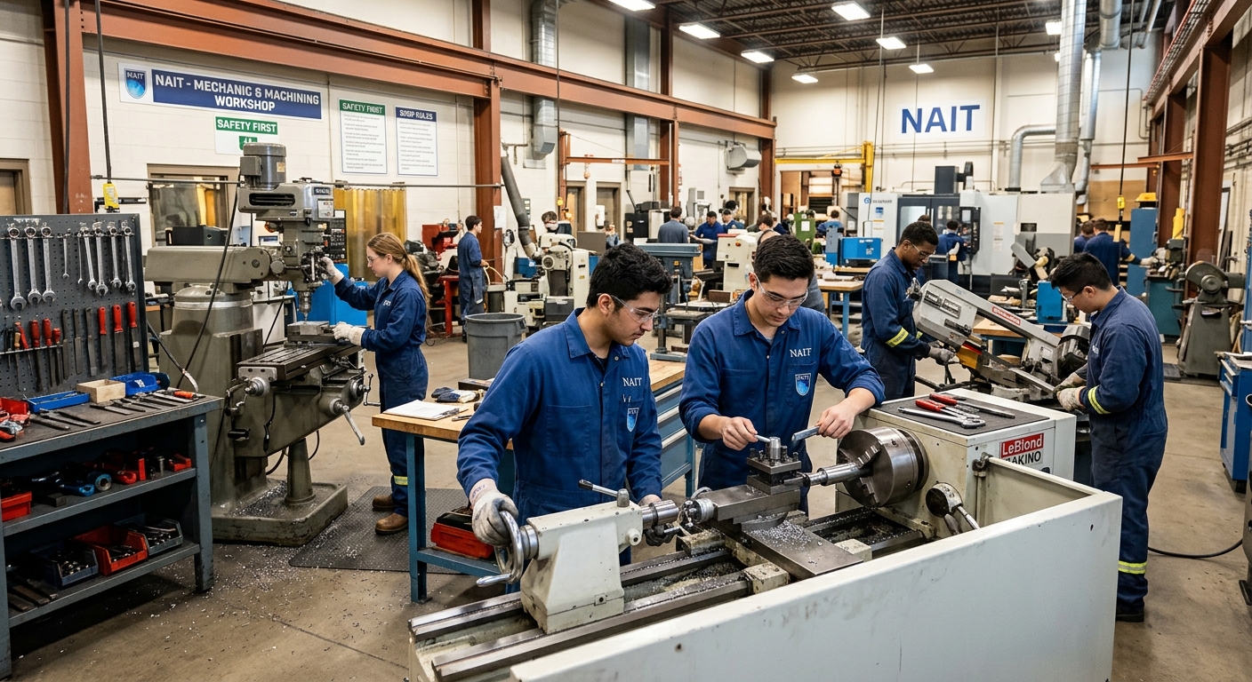 NAIT industrial workshop with students working on machinery, bright lighting, hands-on training environment with equipment and tools